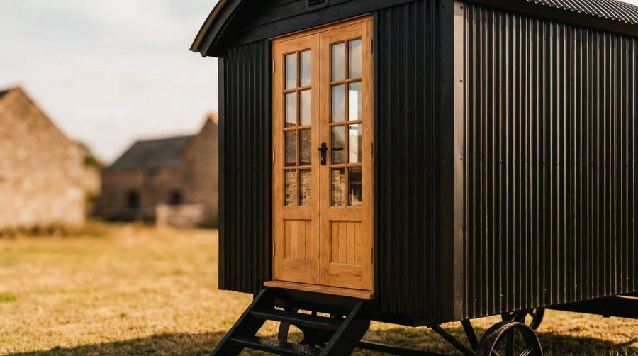 Portable shepherd hut with wooden door in a rural setting