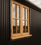 Wooden window on a black corrugated metal shepherd hut