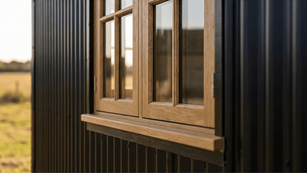 oak window frame with corrugated metal on a shepherd hut