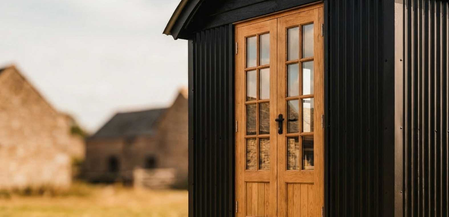 Black shepherd's hut with wooden door in a rural setting