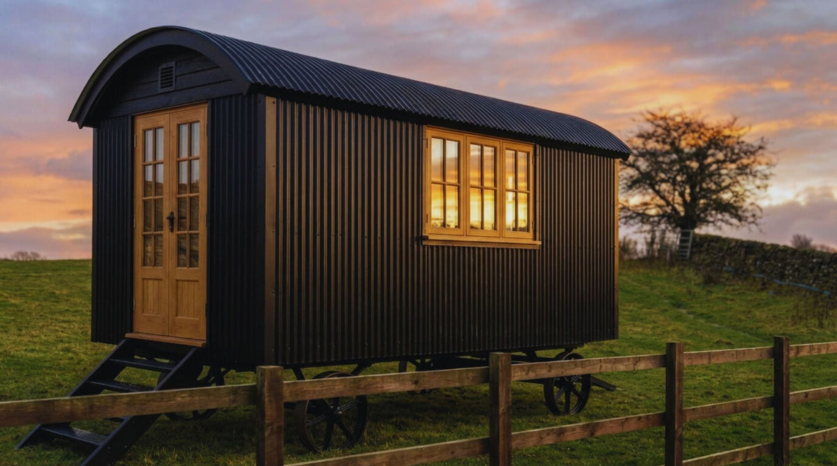 Black shepherd's hut with warm interior lights in a field at sunset