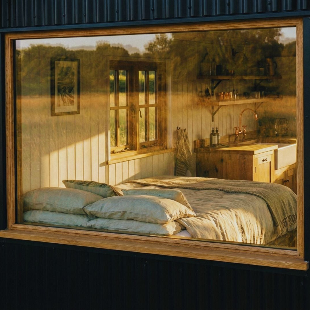 Shepherds hut interior with bed and window