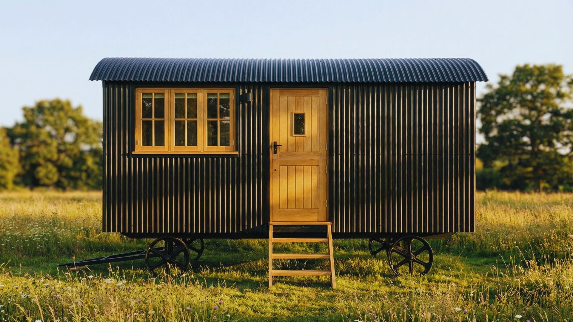 18ft sheperd hut with corrugated metal and oak door