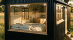 Shepherds Hut with a large panoramic window showing a bedroom interior.