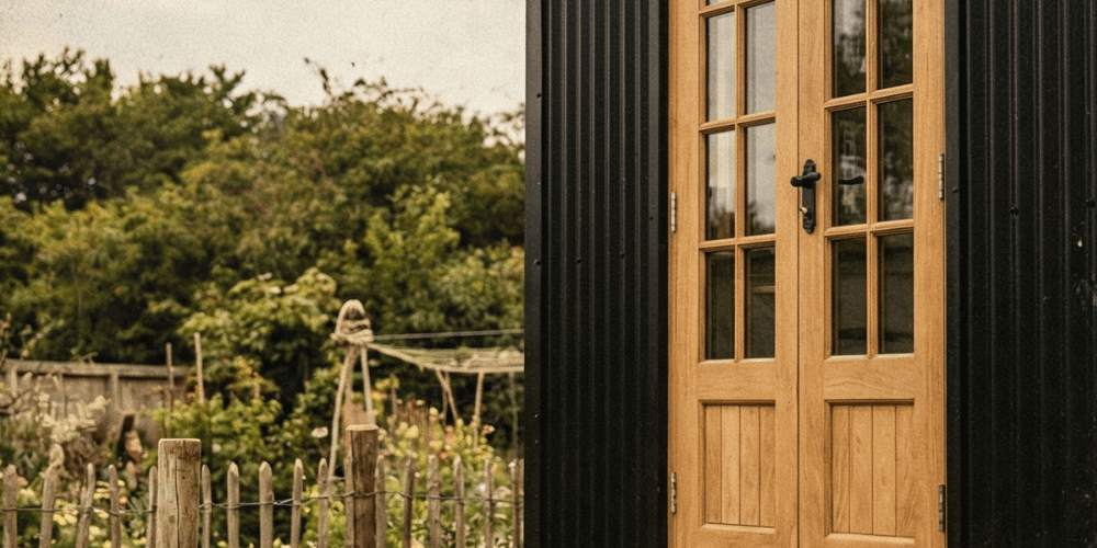 Close up of a traditional black corrugated shepherd hut with oak doors in a garden setting