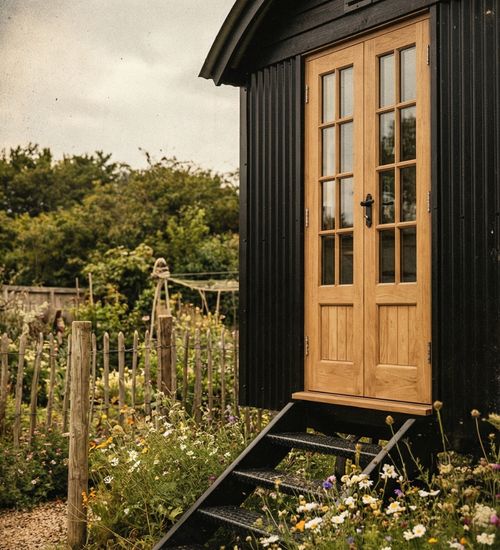 Close up of a traditional black corrugated shepherd hut with oak doors in a garden setting