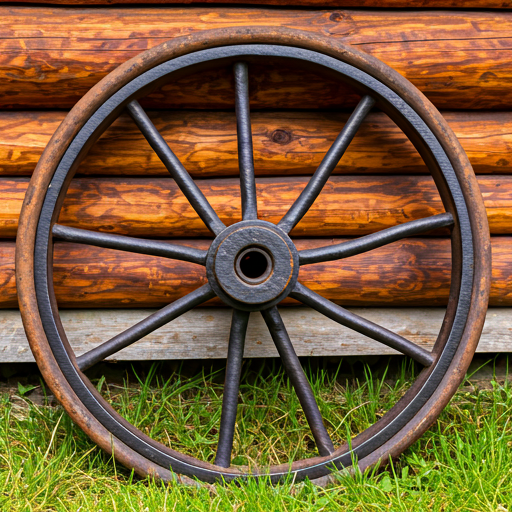 Rustic wagon wheel in front of a wooden log cabin